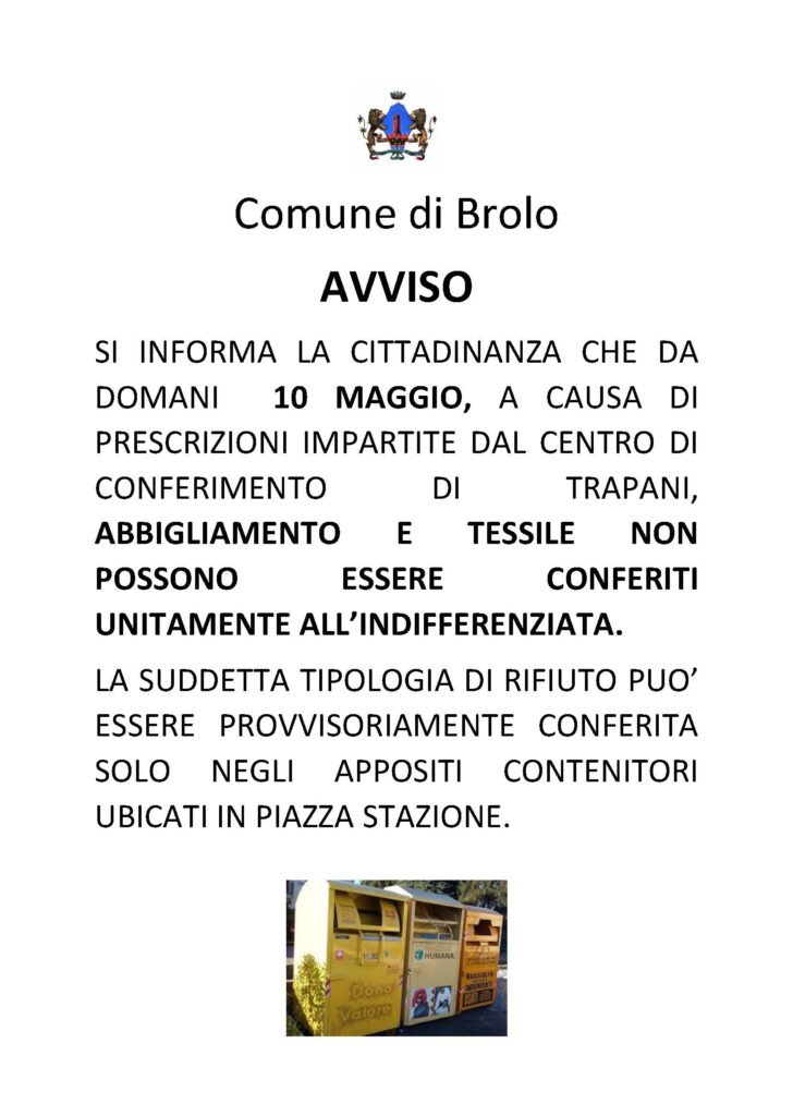AVVISO MODALITA’ CONFERIMENTO RIFIUTI TESSILI