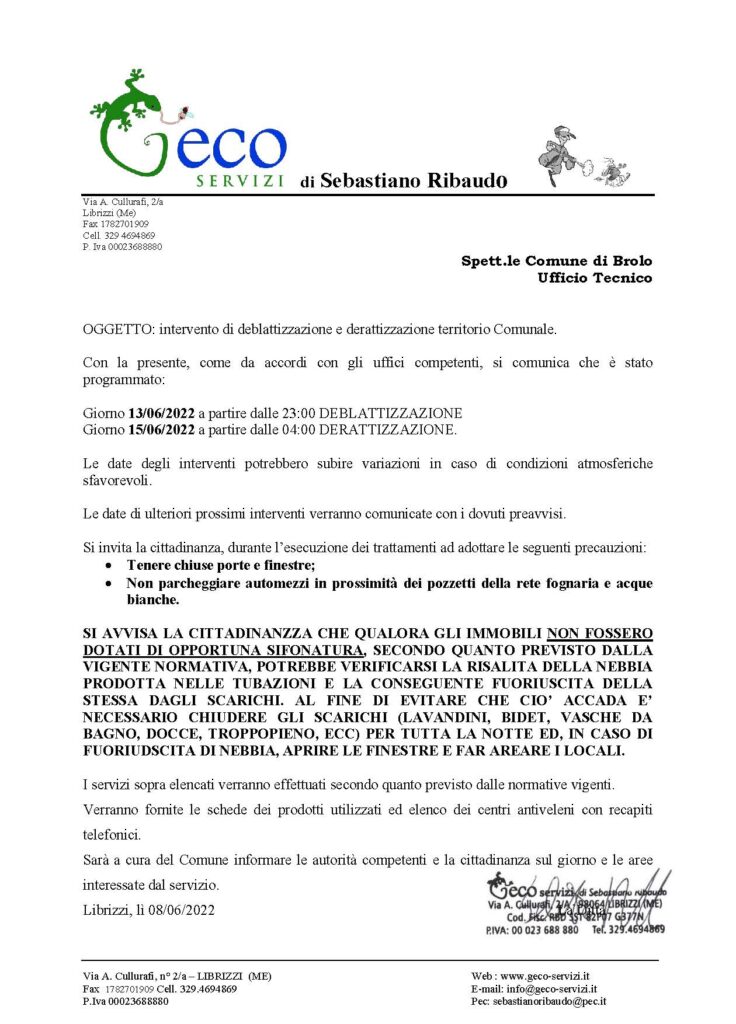 TRATTAMENTO DI  DEBLATTIZZAZIONE E DERATTIZZAZIONE DEL TERRITORIO COMUNALE.