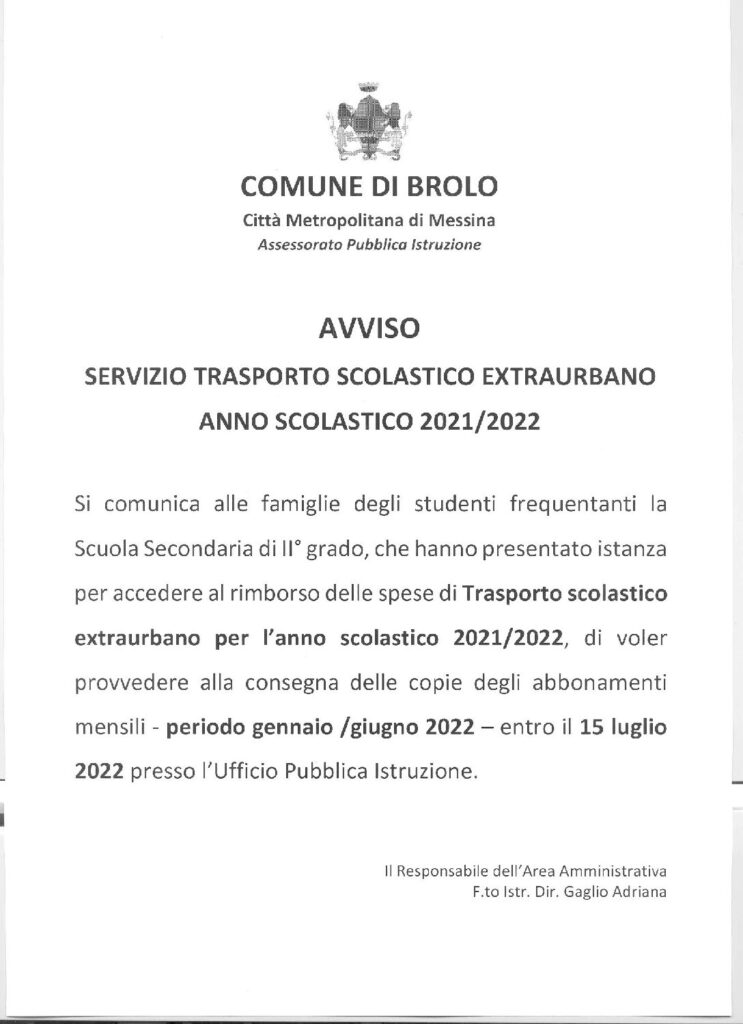 AVVISO – SERVIZIO TRASPORTO SCOLASTICO EXTRAURBANO ANNO SCOLASTICO 2021/2022.