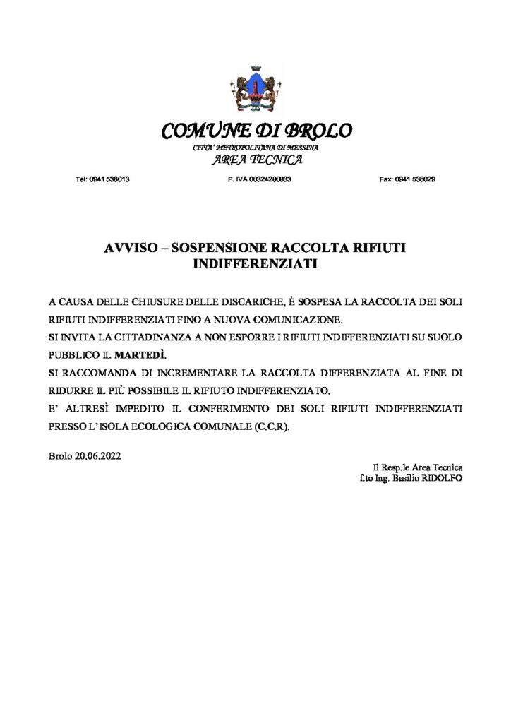 Avviso – Sospensione raccolta rifiuti indifferenziati