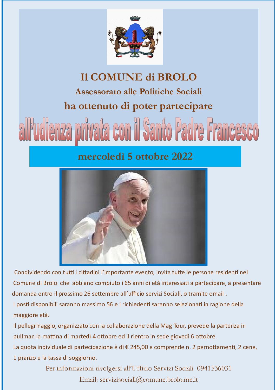 Avviso di richiesta partecipazione all’Udienza con il Santo Padre Francesco il 5 ottobre
